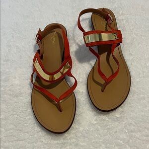 Halogen Orange and Gold Leather Women's Flat Strappy Thong‎ Sandals 7 M